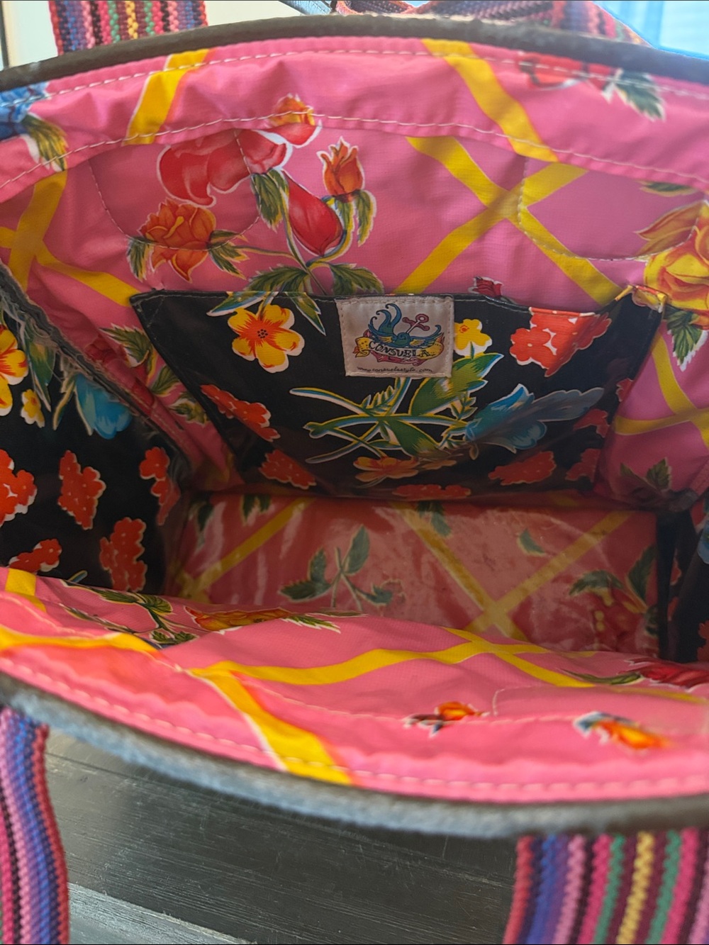 Desigual Black Quilted Tote with Multicolor Striped Handles and Floral Panels - Picture 2 of 3